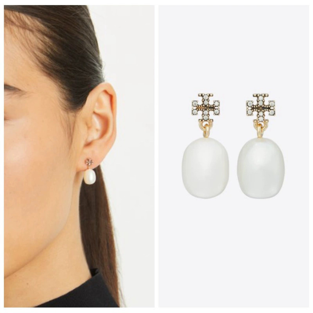 Tory Burch Gold Pave Diamond Freshwater Pearl Drop Earrings